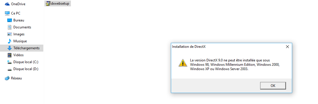 Message d'erreur lors de la tentative d'installation de DirectX 9.