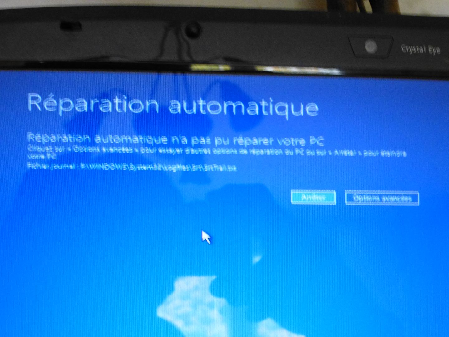 Ecran bleu arrêter ou options avancées.JPG