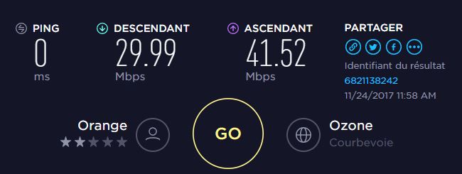 Capture-résultat speedtest pour le WIfi du bureau à 10 m en ligne droite de la box.JPG