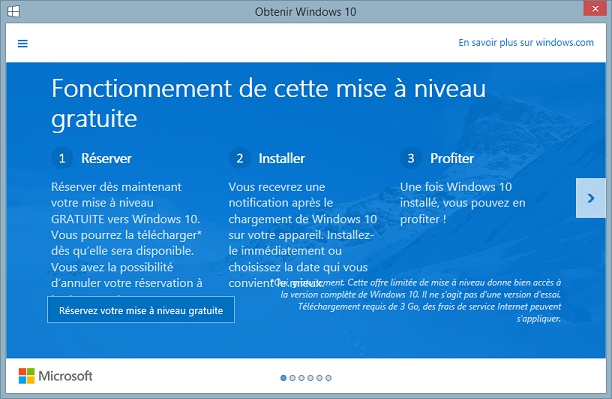 Écran de promotion pour Windows 10 vous présentant les principales nouveautés de Windows 10 et vout permettant de réserver votre mise à niveau.