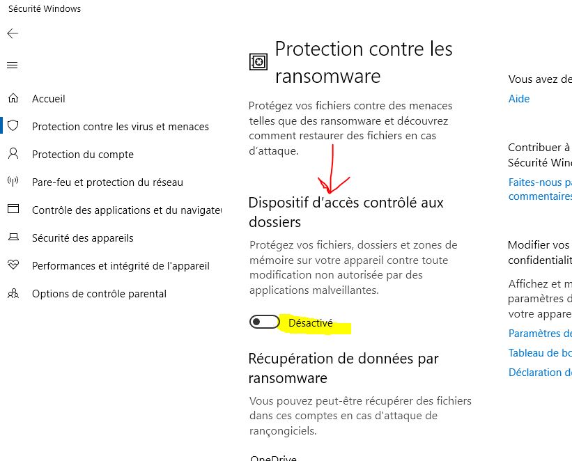 Capture-dispositif d'accès contrôlé Windows defender.JPG