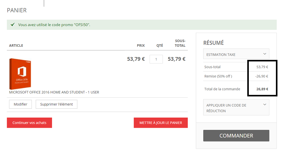 Capture-résultat de l'application du code dans le panier avant d'achetr.PNG